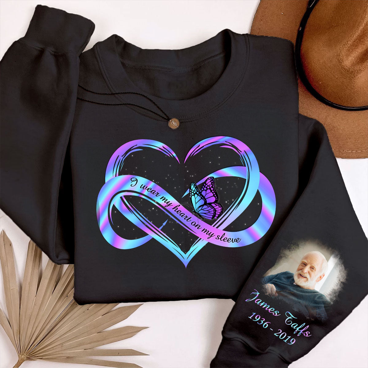 I Wear My Heart On My Sleeve Memorial, Sympathy Gift, Personalized Sleeve Printed Sweatshirt