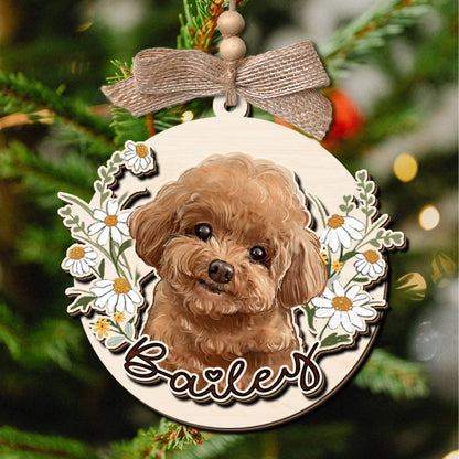 Custom Pet Flower Portrait Wooden Ornament - Gifts For Christmas, Dog Cat Lovers