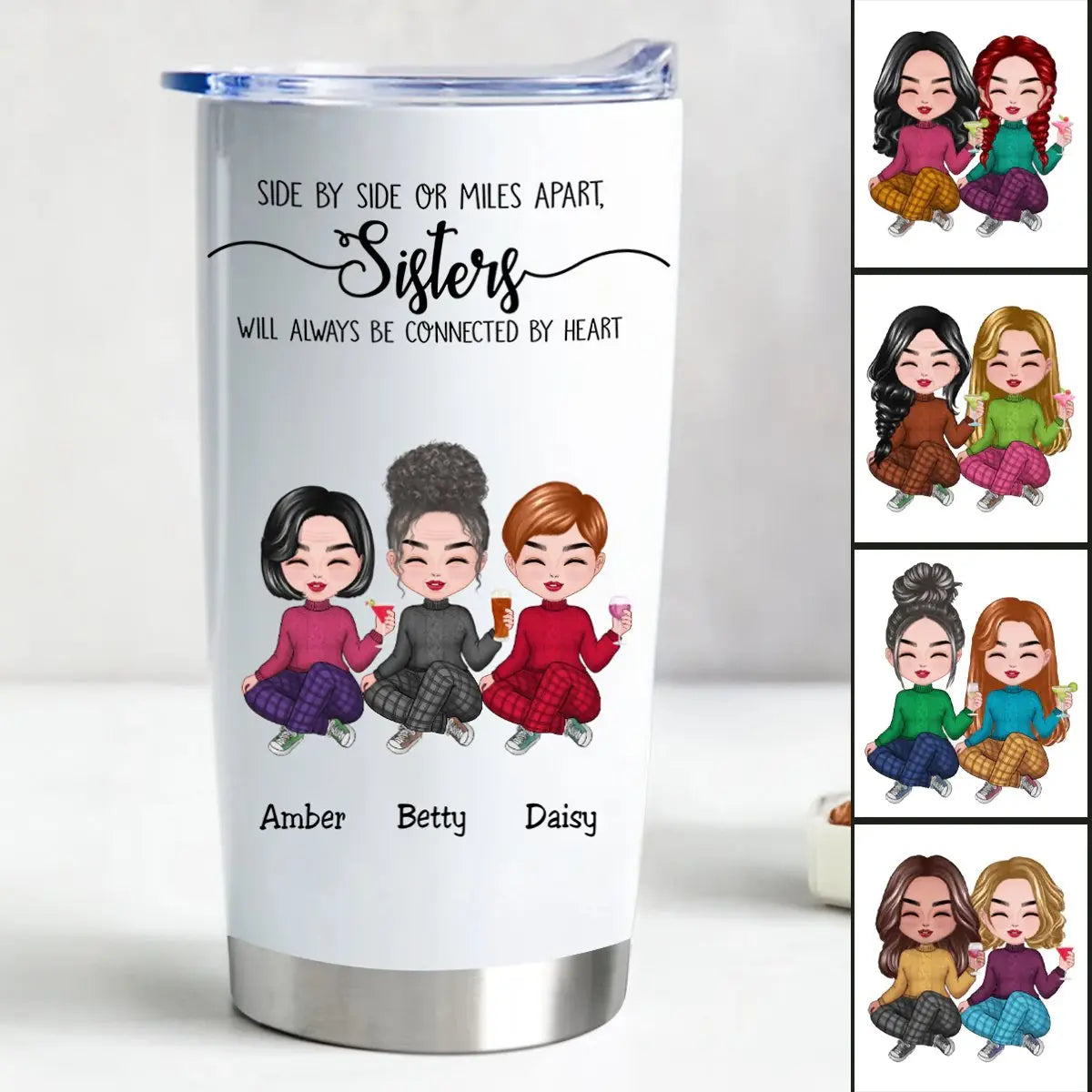 20oz Side By Side Or Miles Apart, Sisters Will Always Be Connected By Heart - Personalized Tumbler Tumbler The Next Custom Gift