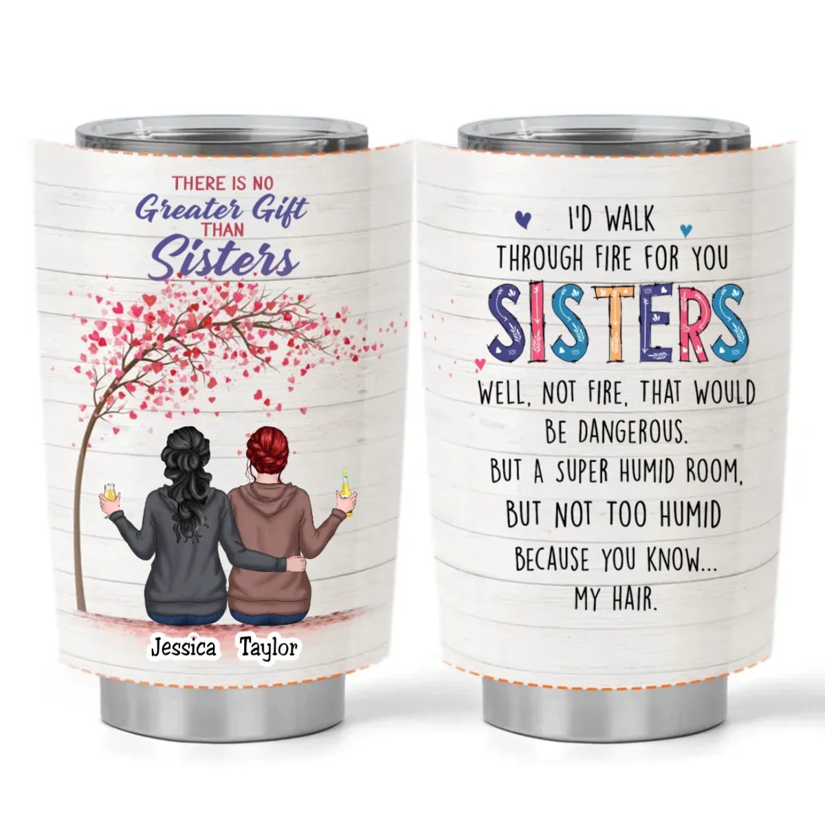 20oz - There Is No Greater Gift Than Sisters - Personalized Tumbler Cup - Hoodie Girls Sitting - The Next Custom Gift