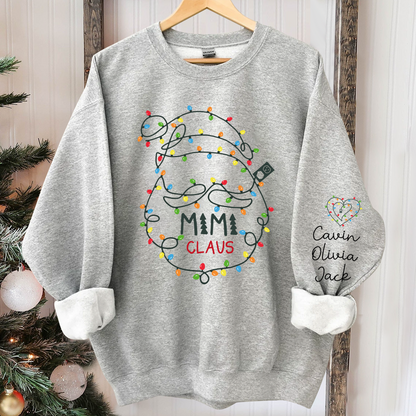 Custom Mimi Claus Christmas Lights Sweatshirt, Personalized Grandma Sweatshirt with Children Name on Sleeve