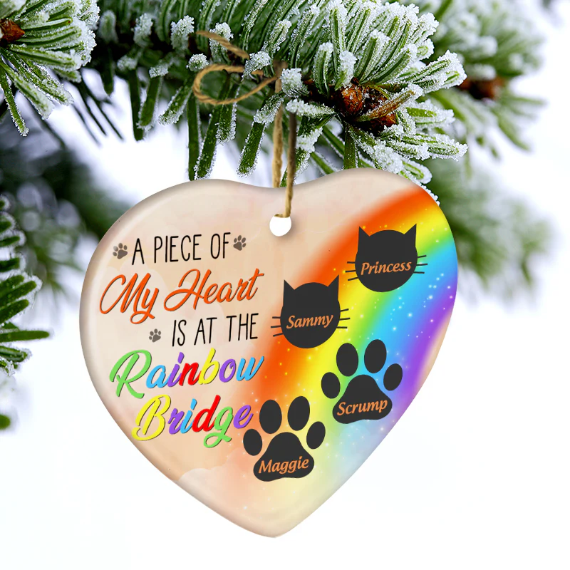 My Heart Is At The Rainbow Bridge Dog Cat - Pet Memorial Gift - Personalized Custom Heart Ceramic Ornament (AB)