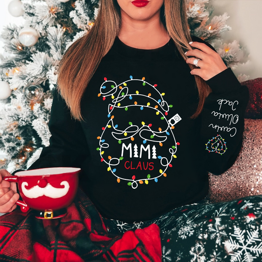 Custom Mimi Claus Christmas Lights Sweatshirt, Personalized Grandma Sweatshirt with Children Name on Sleeve