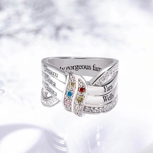 Personalised Ribbon Knot Ring with 1-8 Birthstones and Engraved Names Zircon Family Jewellery Mother's Day Birthday Gift for Mom Grandma