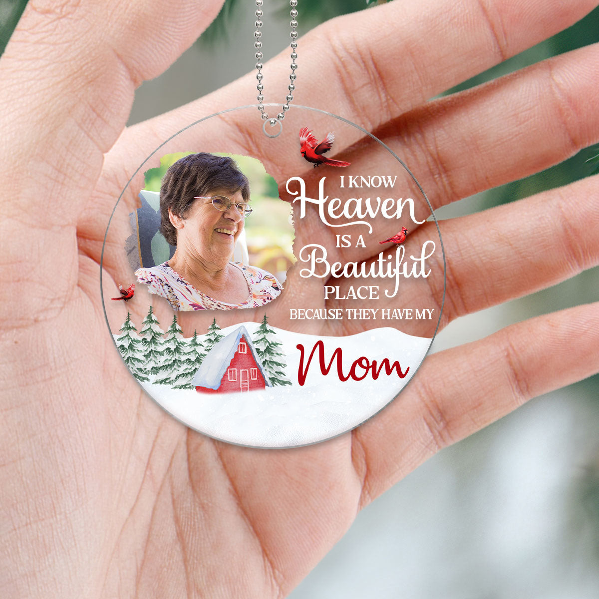Christmas Memorial Photo Inserted Keepsake Red Farmhouse Personalized Acrylic Ornament