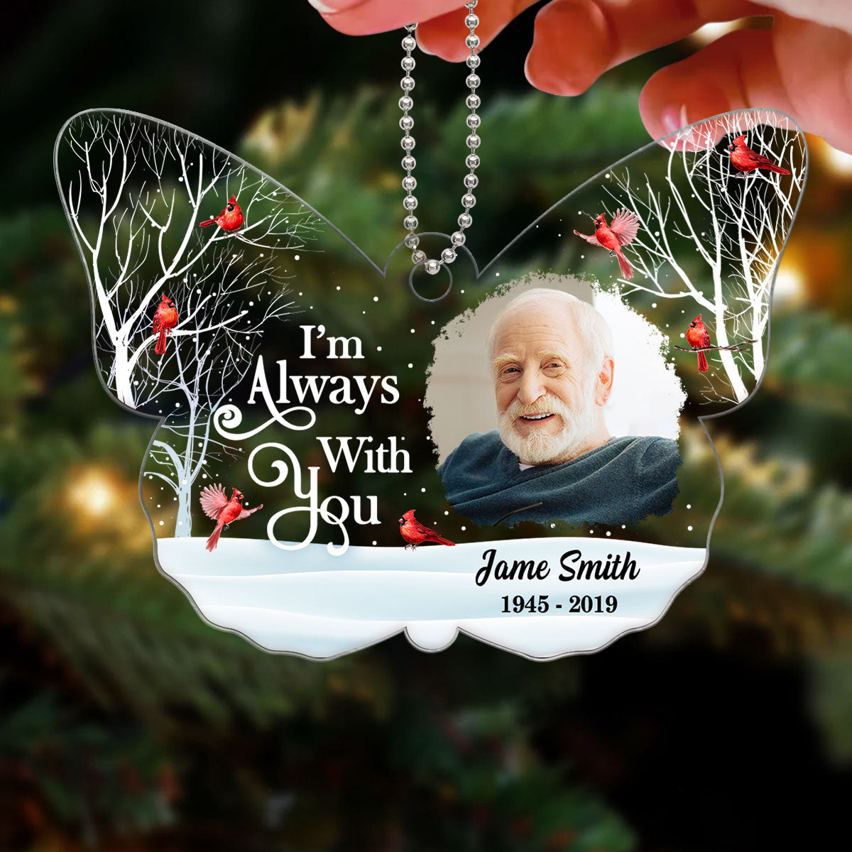 Family Memorial Always With You Cardinal Photo Inserted Personalized Butterfly Shaped Acrylic Ornament