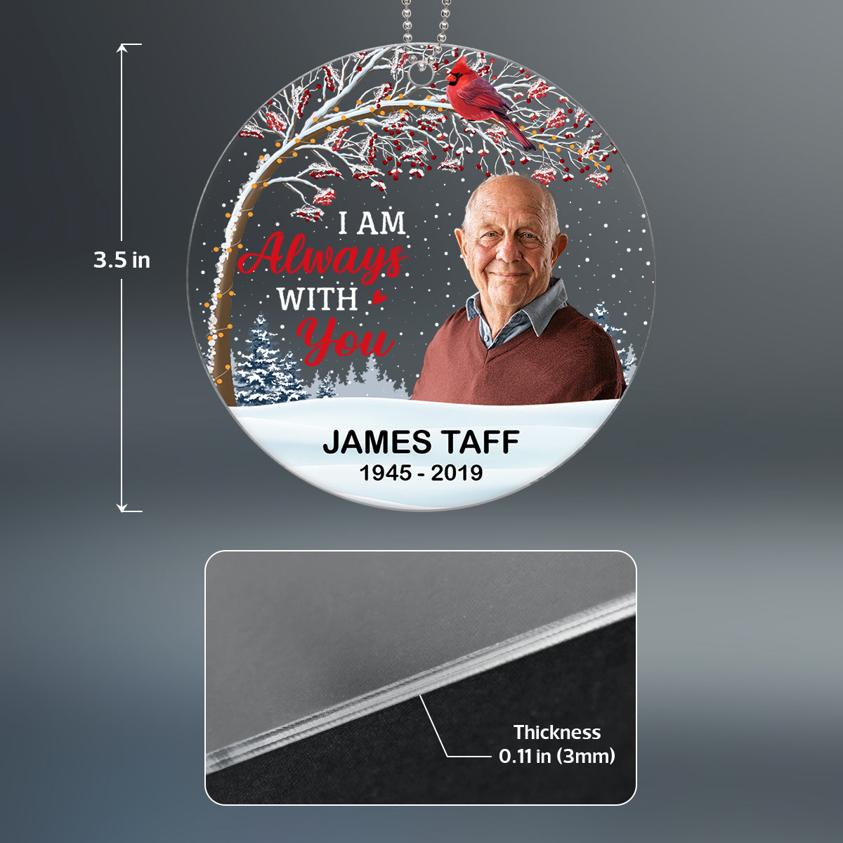 Photo Inserted Berry Tree Cardinal I Am Always With You Remembrance Memorial Keepsake Sympathy Gift Christmas Personalized Acrylic Ornament