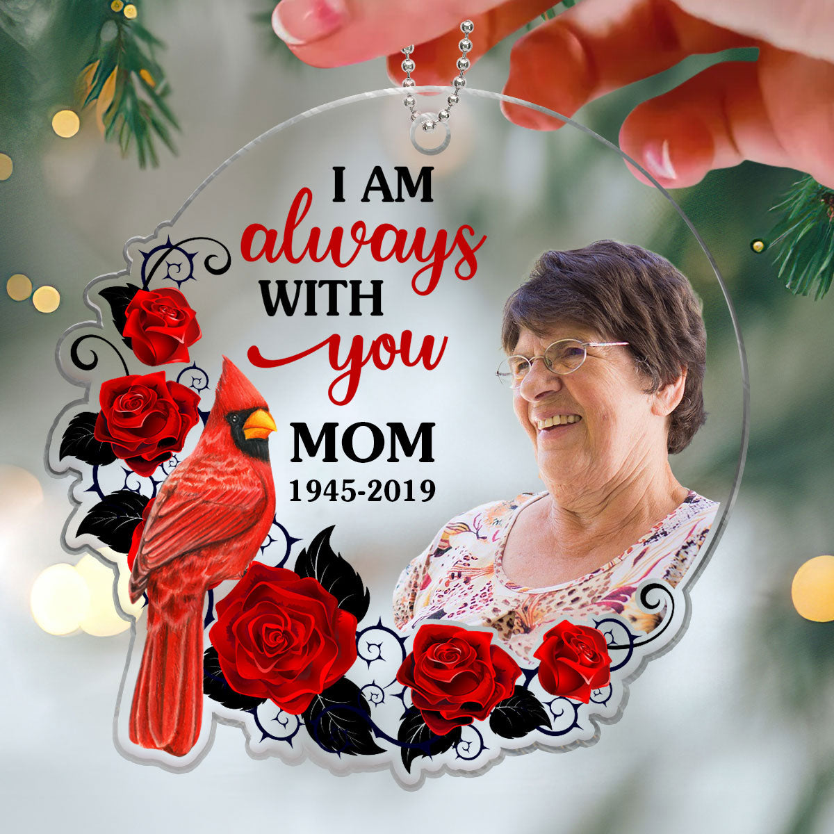 Roses Moon Cardinal Photo Inserted Memorial Keepsake Personalized Acrylic Ornament