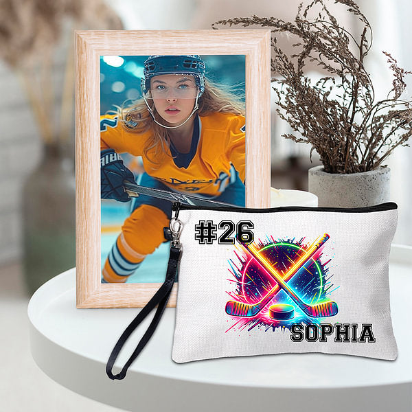 Personalised Neon Dynamic Hockey Design Linen Wristlet Makeup Bag with Name Birthday Sports Gift for Hockey Players Lovers