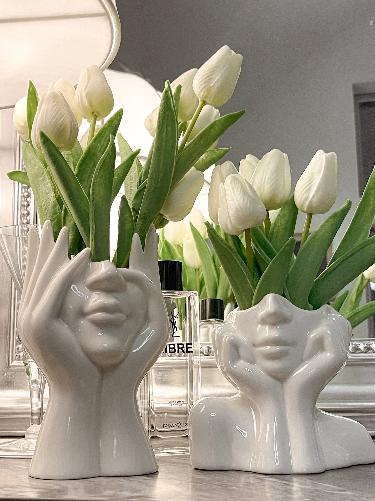 “Her” & Angelica Ceramic Vase Set of 2 decorated with white blooming tulips.