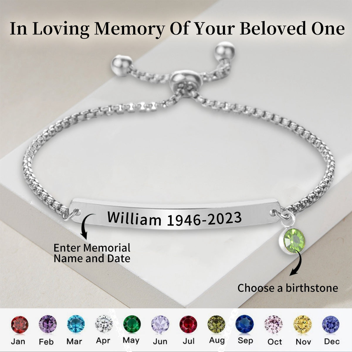 Personalised Birthstone Bracelet, Memorial Bracelet for Loss of Loved One