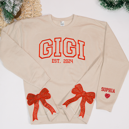 Custom Embroidered Christmas Bow Embellished Sweatshirt – Custom Side Bow Cut-Out Sweatshirt