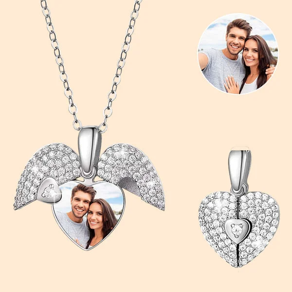 Personalised Photo Heart Locket Necklace Sterling Silver Cubic Zirconia Pave Heart Necklace for Her Anniversary Gift Valentine's Day Gift