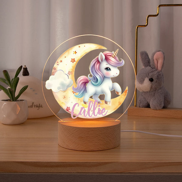 Personalised Fantasy Unicorn Dreamy Moon LED Night Light with Wooden Base and Name Nursery Decor Birthday Baby Shower Gift for Girls