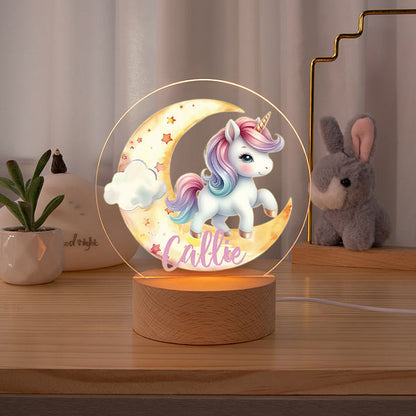 Personalised Fantasy Unicorn Dreamy Moon LED Night Light with Wooden Base and Name Nursery Decor Birthday Baby Shower Gift for Girls