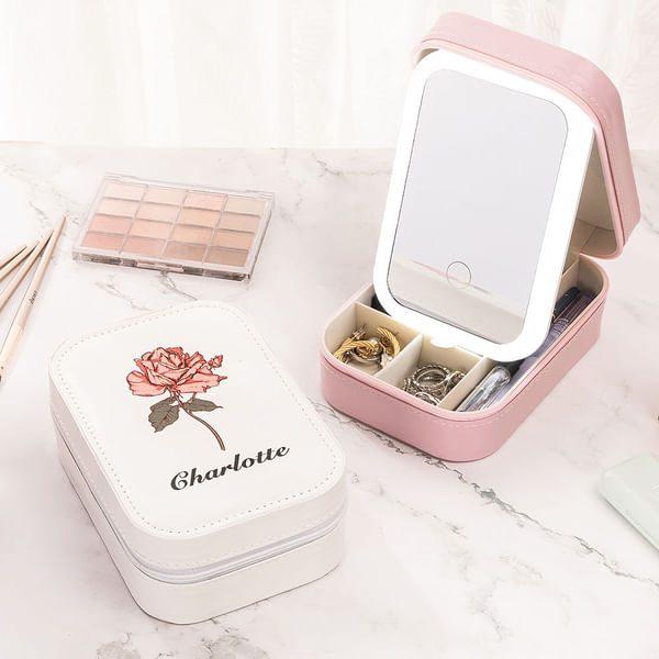 Personalised Birth Flower Portable Leather Travel Jewellery Box with Name and LED Three-color Adjustable Makeup Mirror Birthday Gift for Women