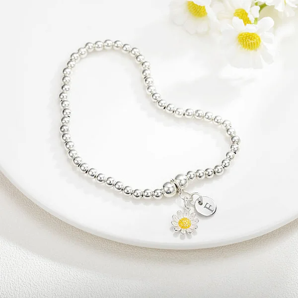 Personalized Beaded Bracelet with Daisy Charm And Engraved Initial Gift for Her Baby Shower
