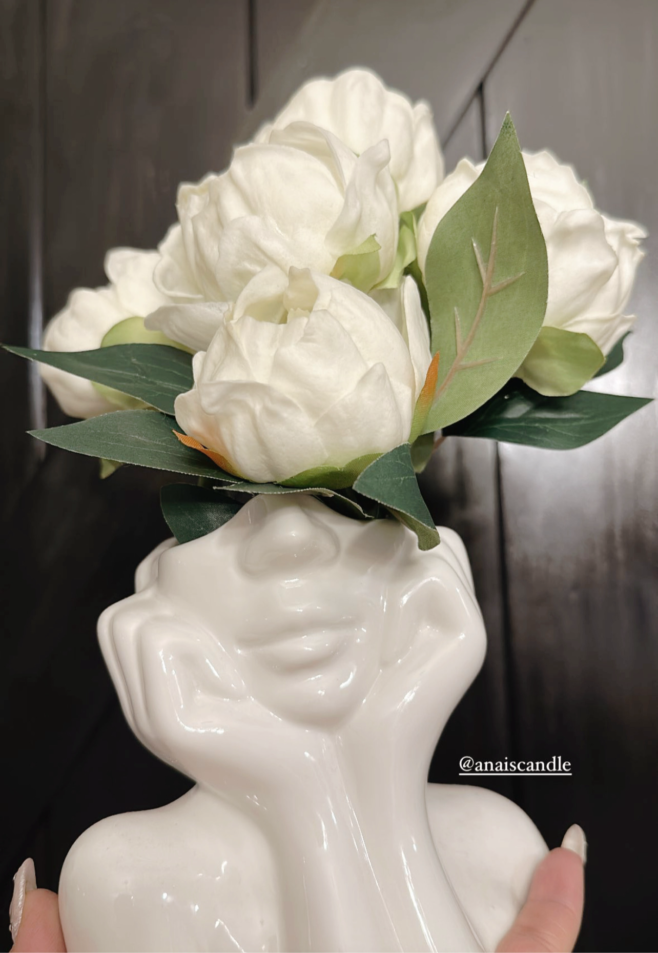 Angelica Ceramic Vase with white flowers, tagged @anaiscandle.