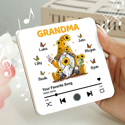 Sunflower Gnome Butterflies Grandma With Grandkids Personalized Music Fridge Magnet, Heartfelt Mother's Day Gift For Mom For Grandma