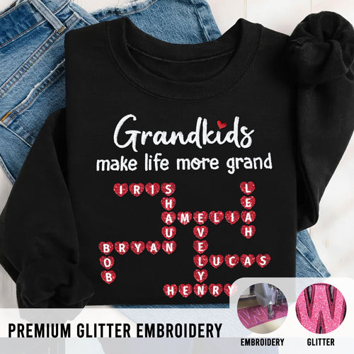 Grandkids Make Life More Grand Crossword Puzzle Art Personalized Glitter Embroidery Sweater, Heartfelt Gift For Grandma