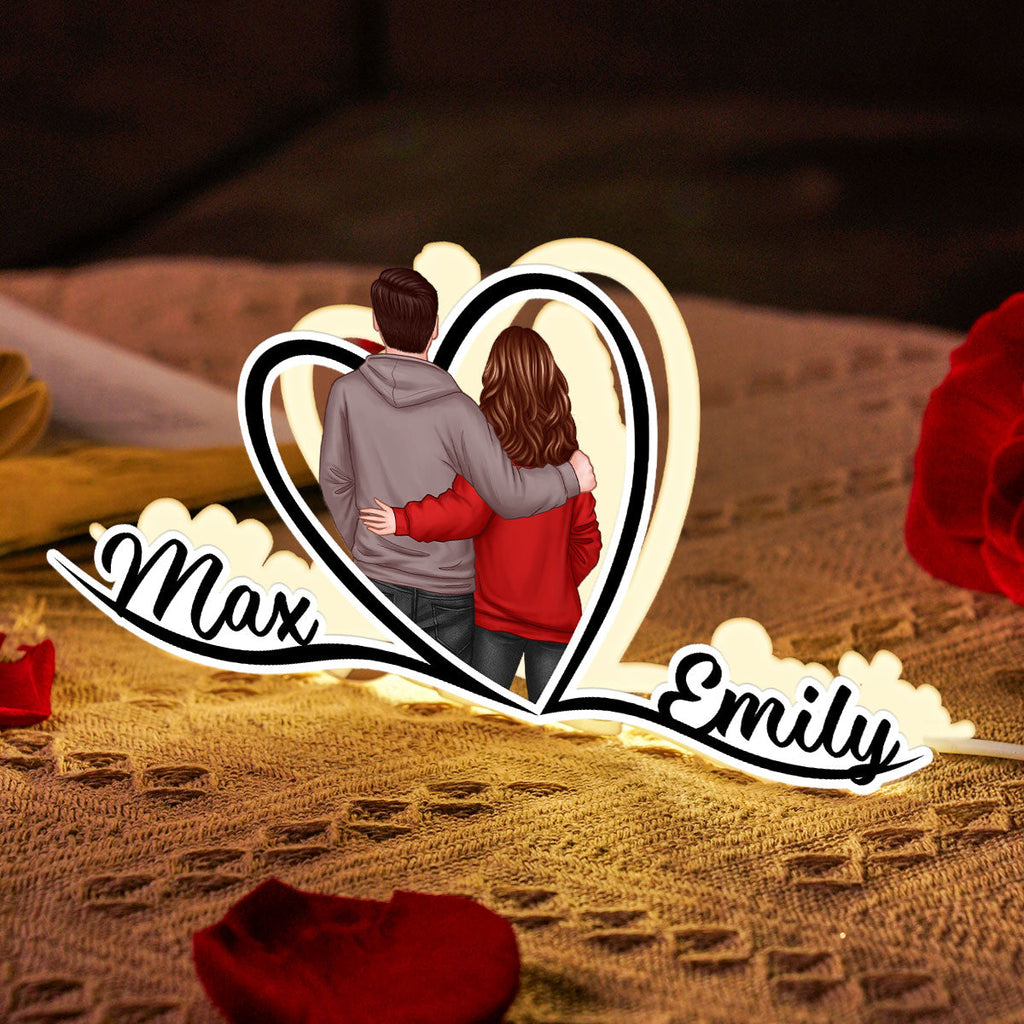 Couple Hugging Back View Heart Shape With Names Personalized Light Box, Anniversary Gift for Him for Her