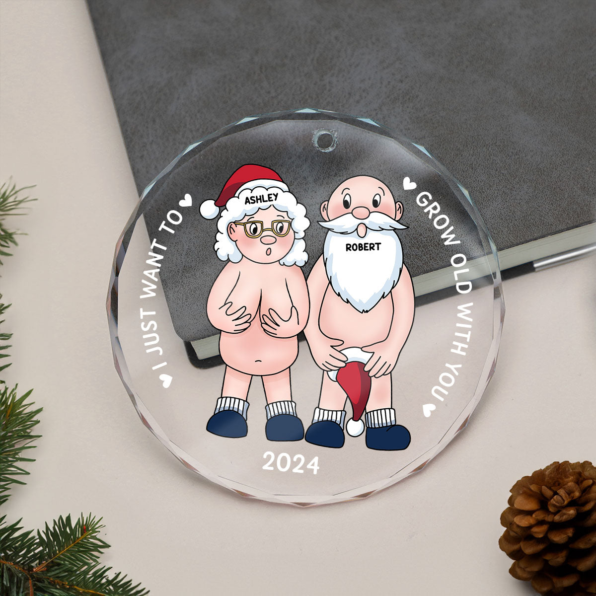 Funny Old Couple Personalized Circle Glass Ornament Christmas Gift for Him for Her