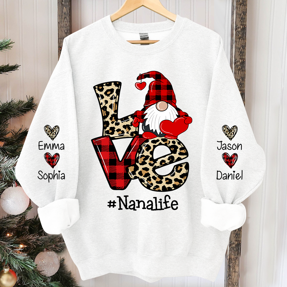 Love Nana Life Leopard Plaid Gnome Heart, Custom Nana And Kids Christmas, Grandma Gift TH Sweatshirt