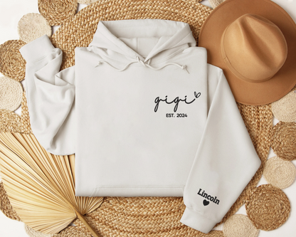 Embroidered Custom Gigi Hoodieshirt with Grandkids Names on Sleeve, Est Date Gigi 2024Hoodieshirt with Heart