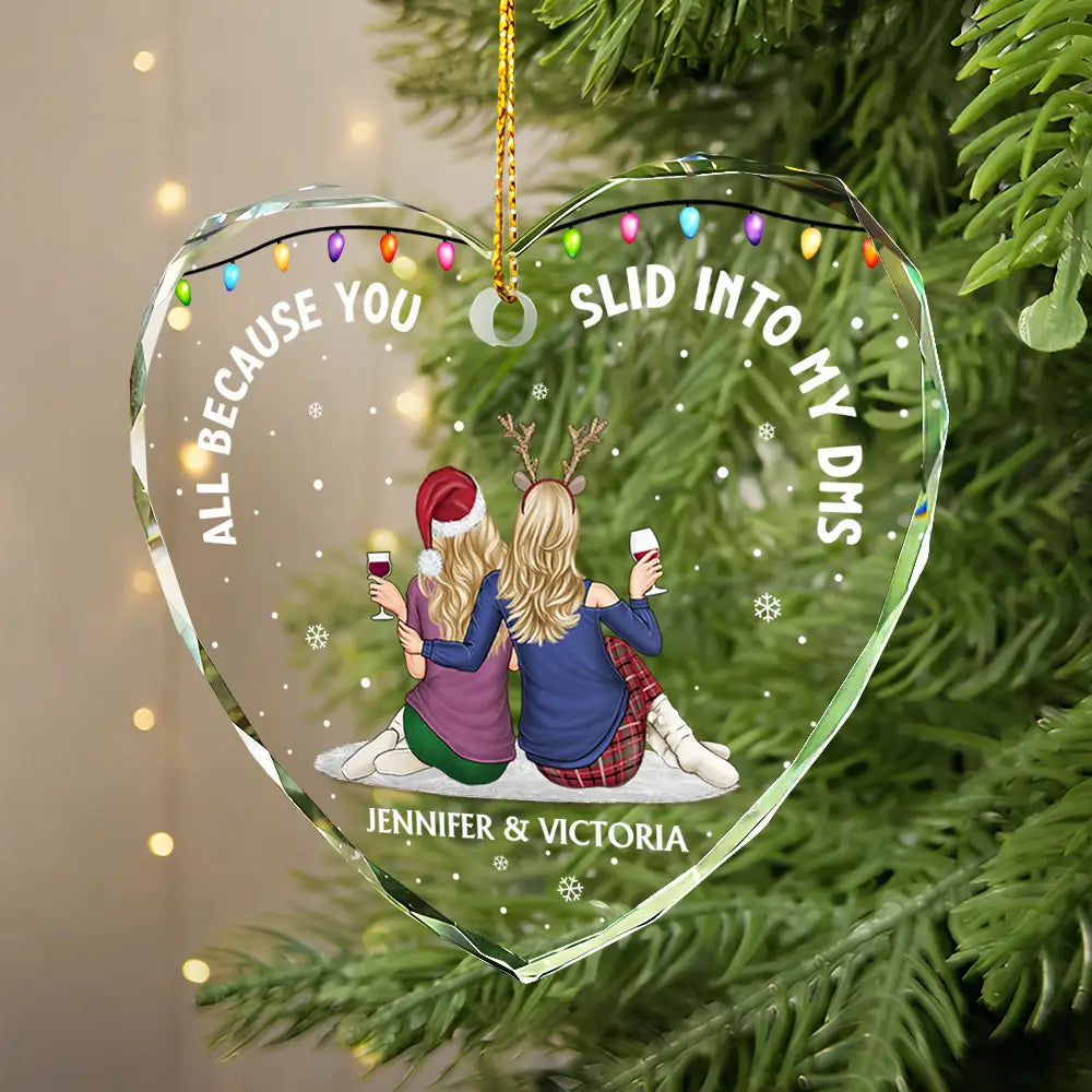 All Because You Slid Into My DMs Christmas Couple - Personalized Heart Shaped Acylic Ornament