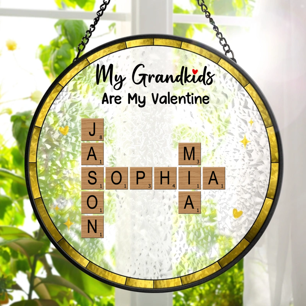 Crossword Grandkids Make Life More Grand - Personalized Stained Glass Window Hanging Suncatcher