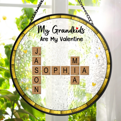 Crossword Grandkids Make Life More Grand - Personalized Stained Glass Window Hanging Suncatcher