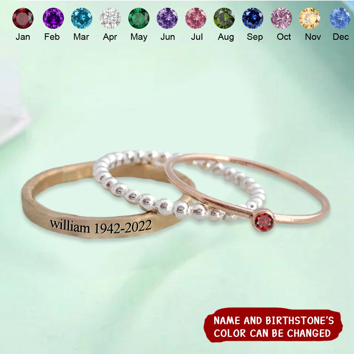 For Memorial - Personalized Birthstone Name Date Memorial 3 Band Ring