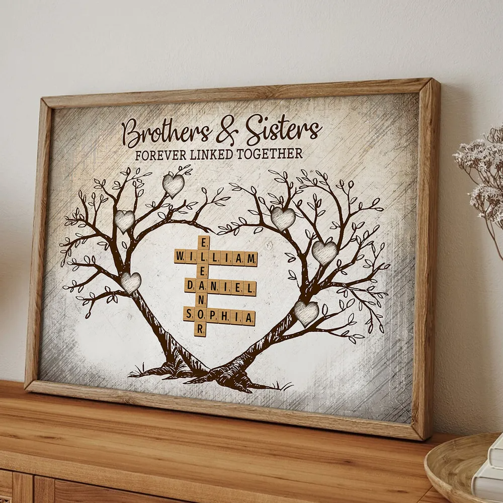 Brothers & Sisters Forever Linked Together Heart Tree Puzzle Crossword Art Personalized Poster, Gift For Brothers, Sisters, Siblings