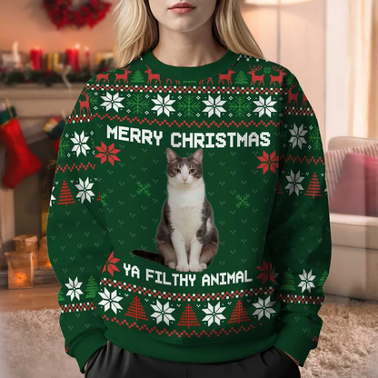 Merry Christmas Ya Filthy Animal Photo Inserted Personalized Faux Knit Ugly Sweater