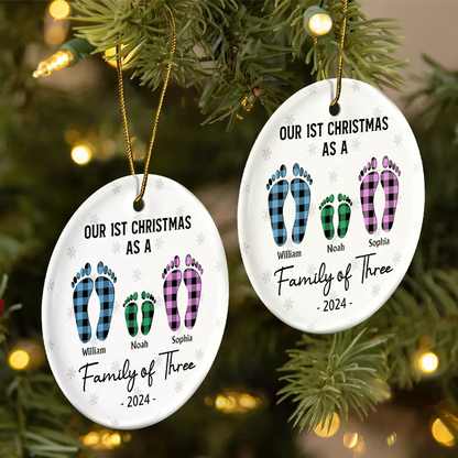 First Christmas As A Family Of Four Flannel Footprints - Personalized Circle Acrylic Ornament