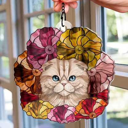 Floral Dog Cat Pet Portrait - Personalized Window Hanging Suncatcher Ornament