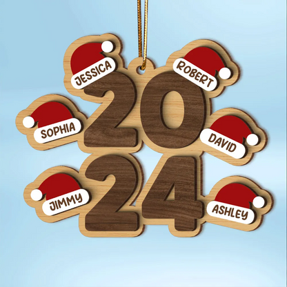 Family Stacked 2024 Santa Hats Personalized Wooden Ornament, Christmas Gift