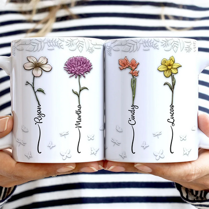 Birth Flowers For Mom, Grandma, Besties - 3D Embossed Effect Printed Mug, Personalized White Edge-to-Edge Mug
