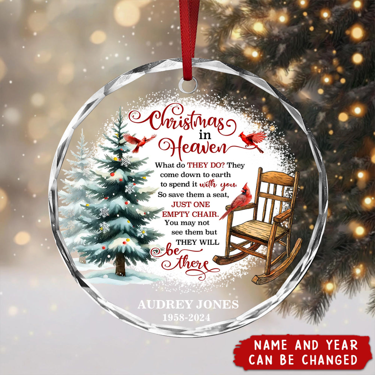 Personalized Memorial Cardinal Christmas In Heaven Glass Ornament