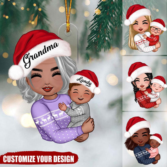 Doll Grandma Mom Hugging Kid Christmas Gift For Granddaughter Grandson Personalized Acrylic Ornament