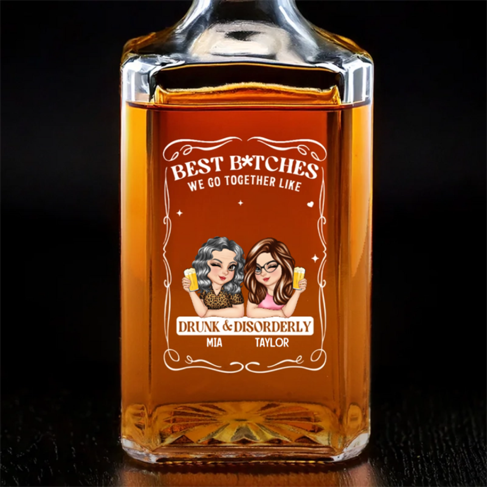 Custom Glass Whiskey Bottle - Personalized Best Friend Birthday Gifts For Women, Besties, Sisters, BFF , Wine, Bourbon, Whiskey Lovers - Forever Drunk On Friendship