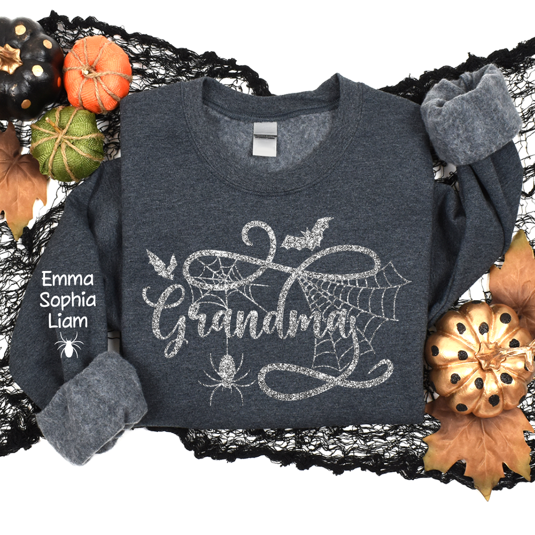 Custom Grandma Halloween With Grandkids Glitter Sweatshirt