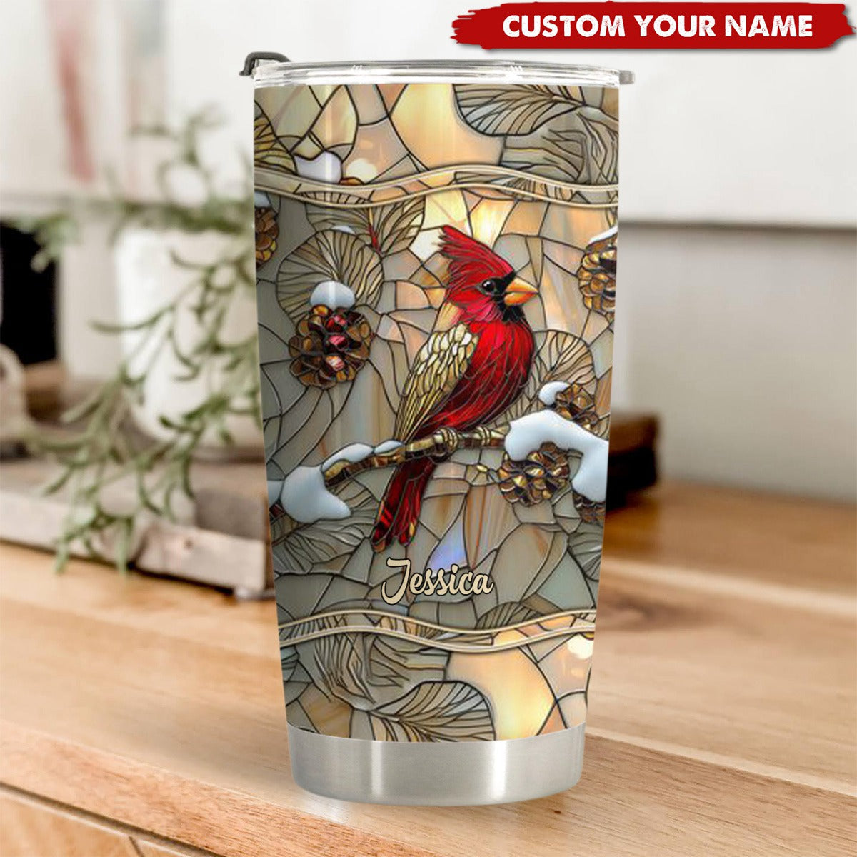 Stained Glass Cardinal Personalized 20oz Tumbler, Gift For Cardinal Lover