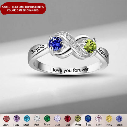 Personalized Infinity Mothers Rings with 2 Round Birthstones Custom Engraved Name Engagement Promise Rings