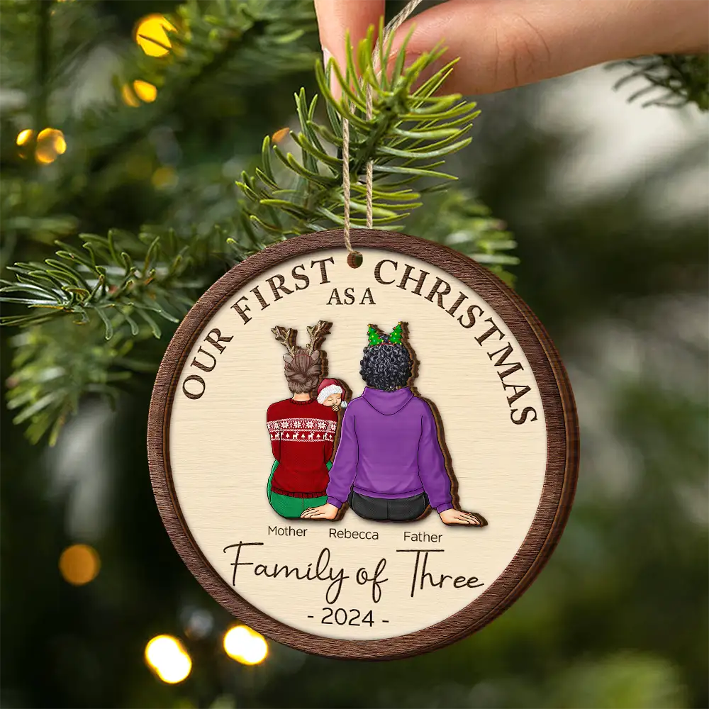 First Christmas As A Family Of Three New Parents - Personalized 2-Layered Wooden Ornament