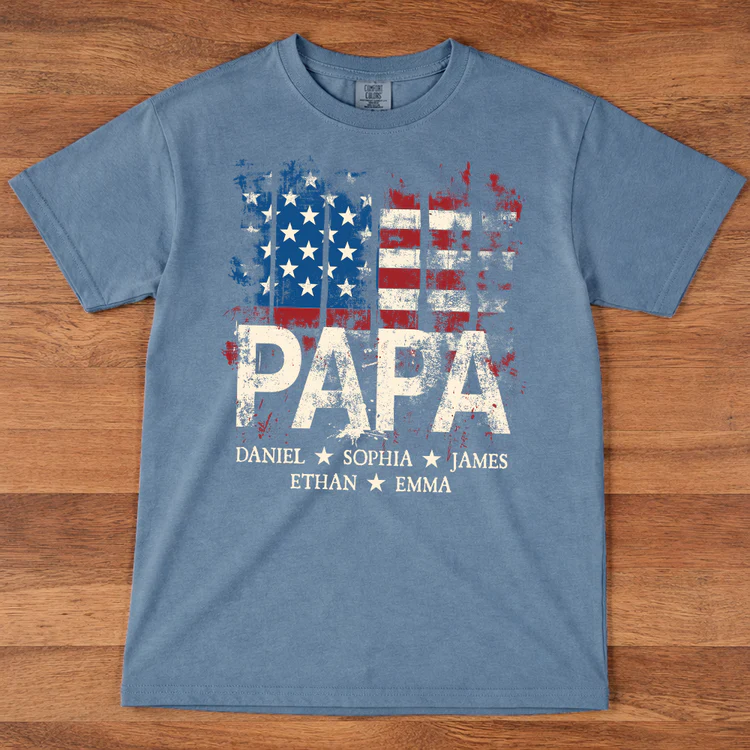 Comfort Colors® Papa American Flag Shirt With Name, Personalized Dad T Shirt Patriotic Style