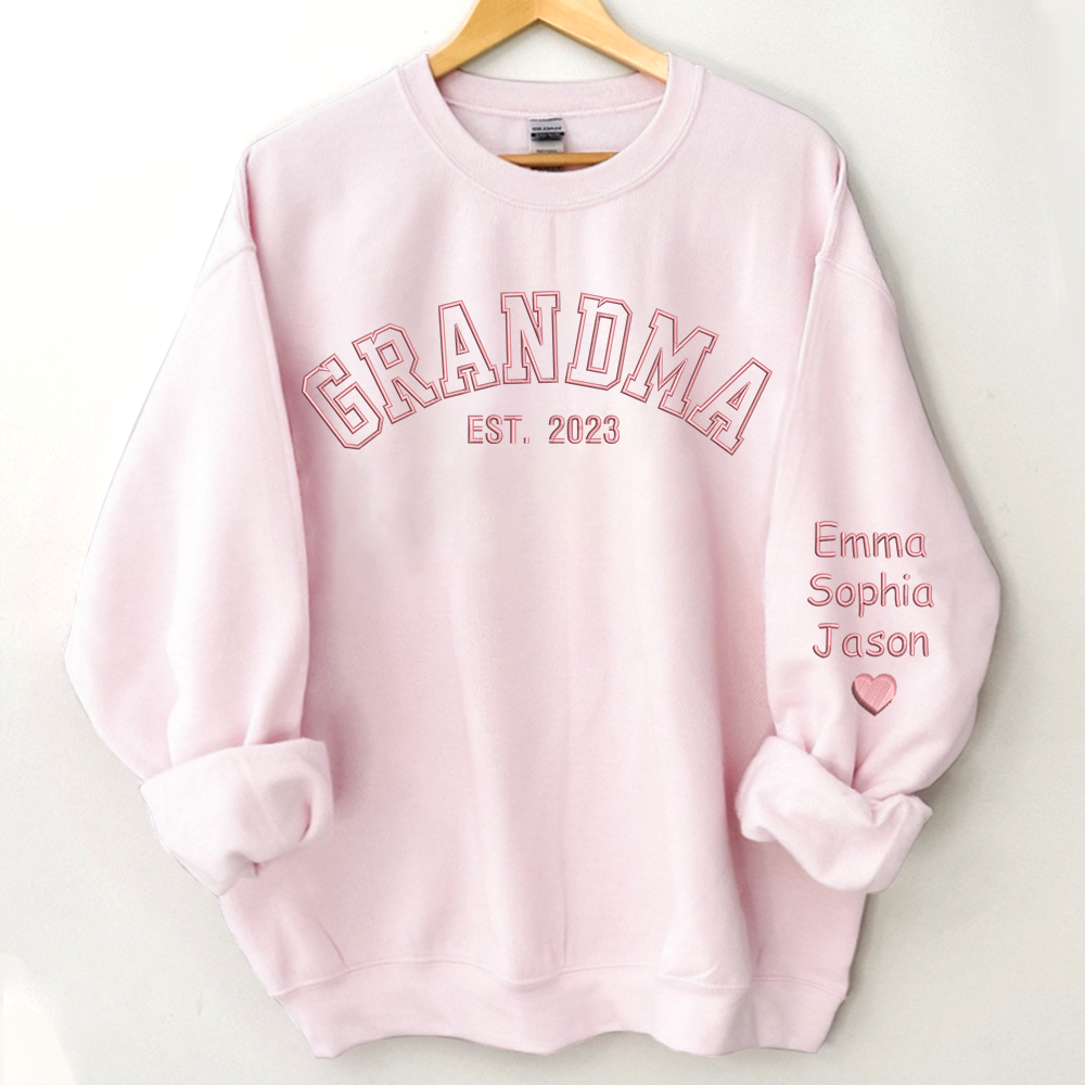 Custom Grandma Embroidered Sweatshirt, Grandma Est And Kids Name On Sleeve Sweatshirt, Mother's Day Gift For Grandma Mimi Nana Gigi Gaga Grammy