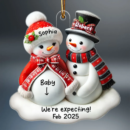 Snowman Couple Expecting Parents Pregnancy Announcement 3D Effect Keepsake Personalized Acrylic Ornament