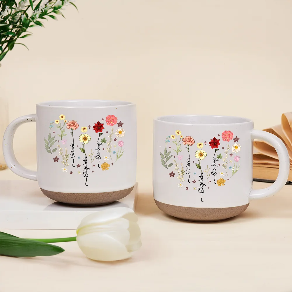 Birth Month Flower Heart - Personalized Pottery Mug