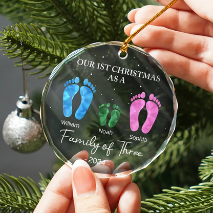 First Christmas As A Family Of Four Footprints - Personalized Circle Ornament